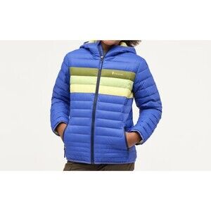 Cotopaxi Kids XL Fuego Hooded Puffer Down Jacket Scuba Blue Green Yellow Stripes